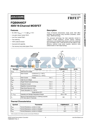 FQB6N40CF datasheet - 400V N-Channel MOSFET