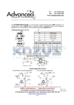 ACTR8007/868.75/QCC8C datasheet - true one-port, surface-acoustic-wave (SAW) resonator