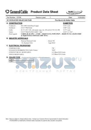 C3168 datasheet - 2C 16 SOLID BC HALAR OAS FLEX Fire Alarm/Life Safety Cable