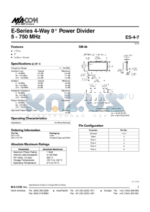 ES-3-1X1 datasheet - E-Series 4-Way 0 Power Divider 5 - 750 MHz