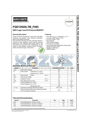 FQD12N20LTM datasheet - 200V Logic Level N-Channel MOSFET
