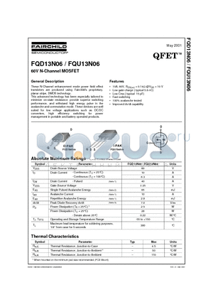 FQD13N06 datasheet - 60V N-Channel MOSFET