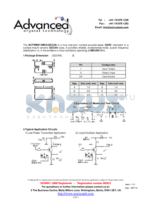 ACTR9001/980.0/QCC4A datasheet - true one-port, surface-acoustic-wave (SAW) resonator