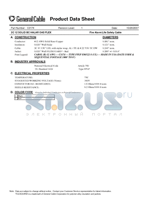 C3174 datasheet - 2C 12 SOLID BC HALAR OAS FLEX Fire Alarm/Life Safety Cable