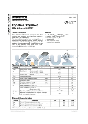 FQD2N40 datasheet - 400V N-Channel MOSFET