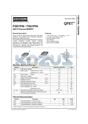 FQD1P50 datasheet - 500V P-Channel MOSFET