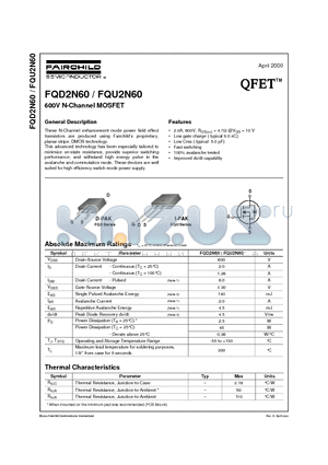 FQD2N60 datasheet - 600V N-Channel MOSFET