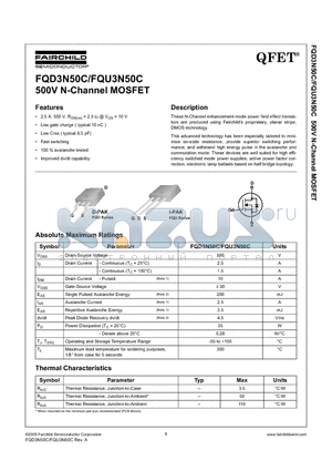 FQD3N50C datasheet - 500V N-Channel MOSFET