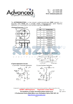 ACTR930/930.5/TO39 datasheet - true one-port, surface-acoustic-wave (SAW) resonator