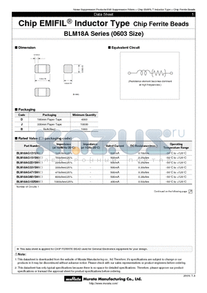 BLM18A datasheet - Chip EMIFILr Inductor Type Chip Ferrite Beads
