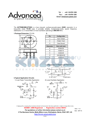 ACTR980/980.0/TO39 datasheet - true one-port, surface-acoustic-wave (SAW) resonator