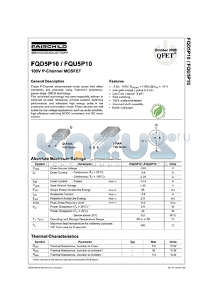 FQD5P10_08 datasheet - 100V P-Channel MOSFET