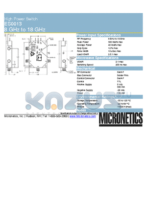 ES0013 datasheet - High Power Switch 8 GHz to 18 GHz