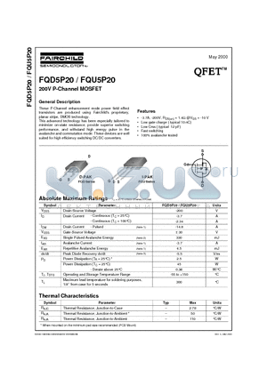 FQD5P20 datasheet - 200V P-Channel MOSFET