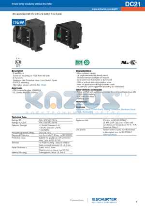 DC21 datasheet - IEC Appliance Inlet C14 with Line Switch 1- or 2-pole