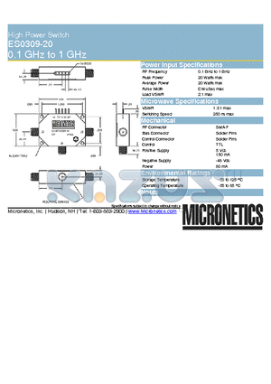 ES0309-20 datasheet - High Power Switch 0.1 GHz to 1 GHz