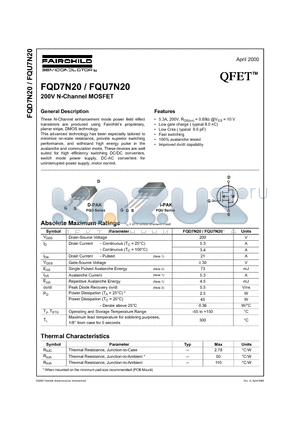 FQD7N20 datasheet - 200V N-Channel MOSFET