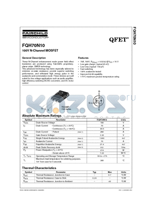 FQH70N10 datasheet - FQH70N10 100V N-Channel MOSFET