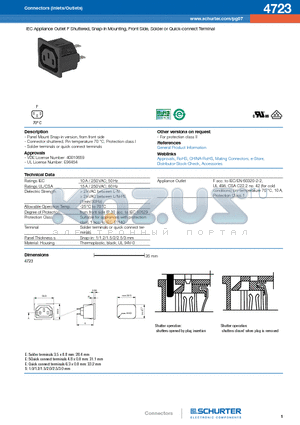 4723 datasheet - IEC Appliance Outlet F Shuttered, Snap-in Mounting, Front Side, Solder or Quick-connect Terminal