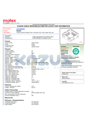 472490001 datasheet - Camera Socket for Mobile Phone, Top Mount, SMT, Side Contact Type, 8x8