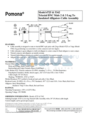 4725 datasheet - Triaxial BNC Male 2 & 3 Lug To Insulated Alligators Cable Assembly
