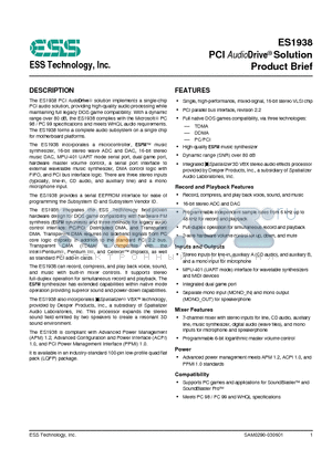 ES1938 datasheet - PCI AudioDrive Solution Product Brief