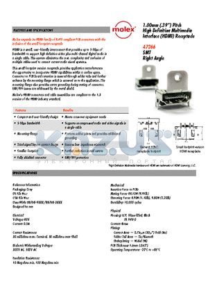 47266-0001 datasheet - High Definition Multimedia Interface (HDMI) Receptacle