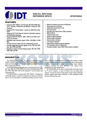 82V3002APV datasheet - WAN PLL WITH DUAL REFERENCE INPUTS