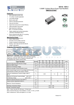 ES1A datasheet - 1.0AMP. Surface Mount Super Fast Rectifiers