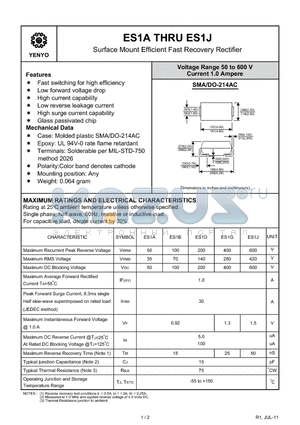 ES1A datasheet - Surface Mount Efficient Fast Recovery Rectifier