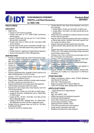 82V3391 datasheet - SYNCHRONOUS ETHERNET WAN PLL and Clock Generation for IEEE-1588