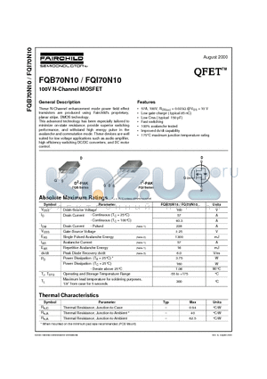 FQI70N10 datasheet - 100V N-Channel MOSFET