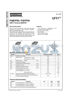 FQI7P20 datasheet - 200V P-Channel MOSFET