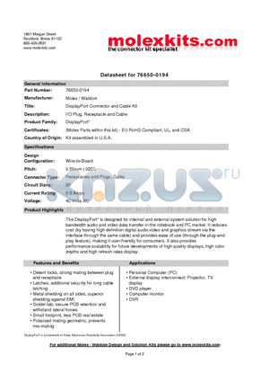 47271-0011 datasheet - I/O Plug, Receptacle and Cable