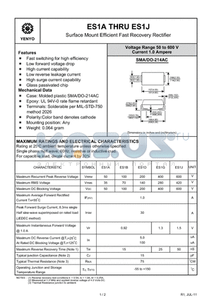 ES1B datasheet - Surface Mount Efficient Fast Recovery Rectifier