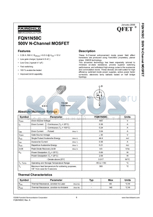 FQN1N50C datasheet - 500V N-Channel MOSFET
