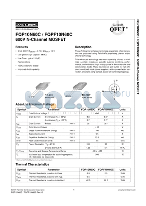 FQP10N60C datasheet - 600V N-Channel MOSFET