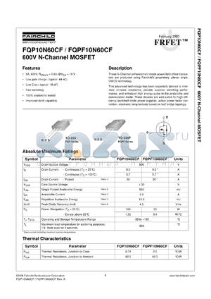 FQP10N60CF datasheet - 600V N-Channel MOSFET