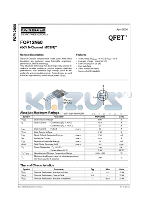 FQP12N60 datasheet - 600V N-Channel MOSFET