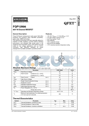 FQP13N06 datasheet - 60V N-Channel MOSFET