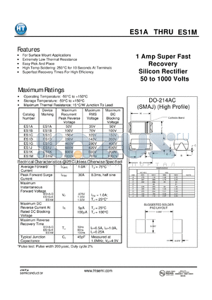 ES1C datasheet - 1 Amp Super Fast Recovery Silicon Rectifier 50 to 1000 Volts