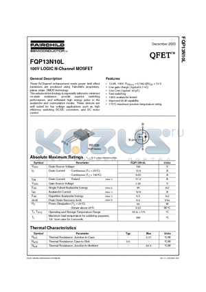 FQP13N10L datasheet - 100V LOGIC N-Channel MOSFET