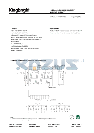 DC56-11SRWA datasheet - 14.22mm (0.56INCH) DUAL DIGIT NUMERIC DISPLAY