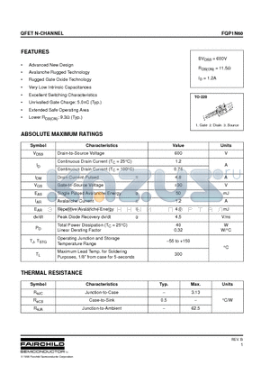 FQP1N60 datasheet - QFET N-CHANNEL