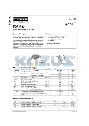 FQP1P50 datasheet - 500V P-Channel MOSFET