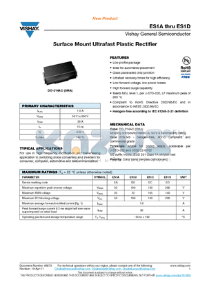 ES1D datasheet - Surface Mount Ultrafast Plastic Rectifier