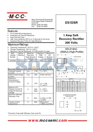 ES1DSR datasheet - 1 Amp Soft Recovery Rectifier 200 Volts