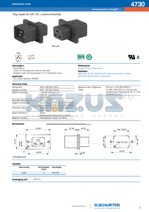 4730 datasheet - Plug Coupler IEC C20 / IEC J, Screw-on Mounting