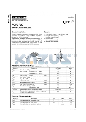 FQP3P20 datasheet - 200V P-Channel MOSFET