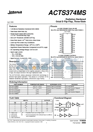 ACTS374MS datasheet - Radiation Hardened Octal D Flip-Flop, Three-State